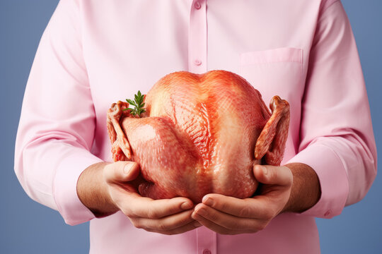 Hands holding fresh turkey meat on pastel background, fresh food ingredients, Healthy food