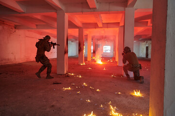  A group of professional soldiers bravely executes a dangerous rescue mission, surrounded by fire...