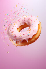 Pink doughnut with sprinkles falling or flying in motion against pink pastel background - obrazy, fototapety, plakaty