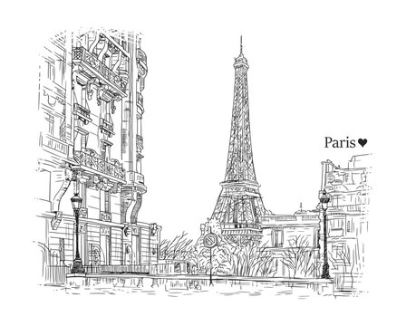 Streets of Paris hand drawn sketch, vector illustration