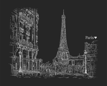 Streets of Paris hand drawn sketch, vector illustration isolated on black background
