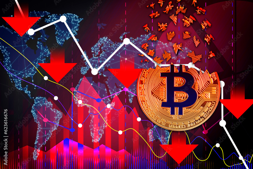 Poster cryptocurrency collapse. collage with bitcoin, digital world map and data charts