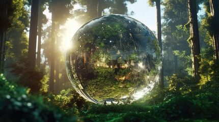 a big crystal ball full of green trees with nature and life inside the crystal vola, in the middle of a post-apocalyptic burning world, 4k, qhd, hyper-realistic, full of details