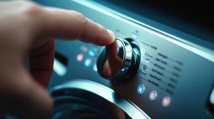 A person touching a button screen on a washing machine