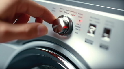 A person touching a button screen on a washing machine