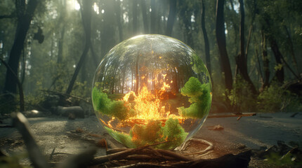 Obraz na płótnie Canvas a big crystal ball full of green trees with nature and life inside the crystal vola, in the middle of a post-apocalyptic burning world, 4k, qhd, hyper-realistic, full of details