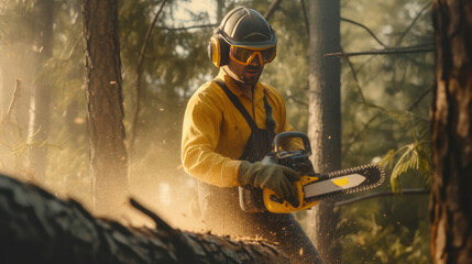A man is cutting wood in the forest with a chainsaw
