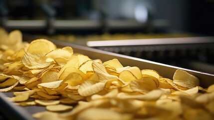 Chips on converter belt, potato chips packaging, line for the production and packaging of potato chips