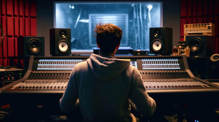 A music producer is making a song in the recording studio