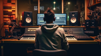 A music producer is making a song in the recording studio - obrazy, fototapety, plakaty