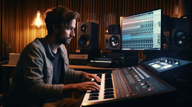 A music producer is making a song in the recording studio