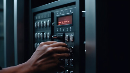 Close-up of a hand placing a random code into a security safe with a digital keypad lock