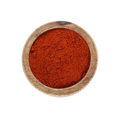 Bowl with aromatic paprika powder isolated on white, top view