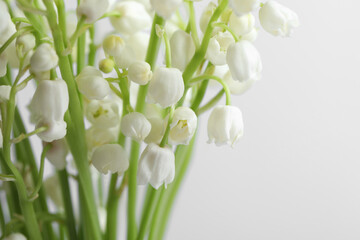 Beautiful lily of the valley flowers on light grey background, closeup. Space for text