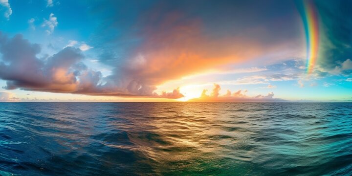 Rainbow sky in ocean dramatic photo nature, AI Generated