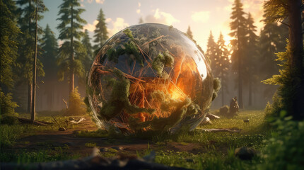 a big crystal ball full of green trees with nature and life inside the crystal vola, in the middle of a post-apocalyptic burning world, 4k, qhd, hyper-realistic, full of details