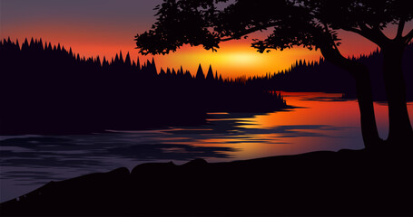 Vector illustration of beautiful calm sunset at river