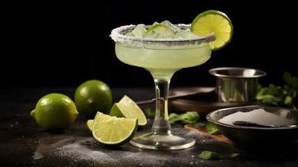 Tasty Margarita with Tequila Lime Juice Triple Sec Salt Rim served on a table top ultra detailed studio lights on dark  background product photo for restaurant generative ai