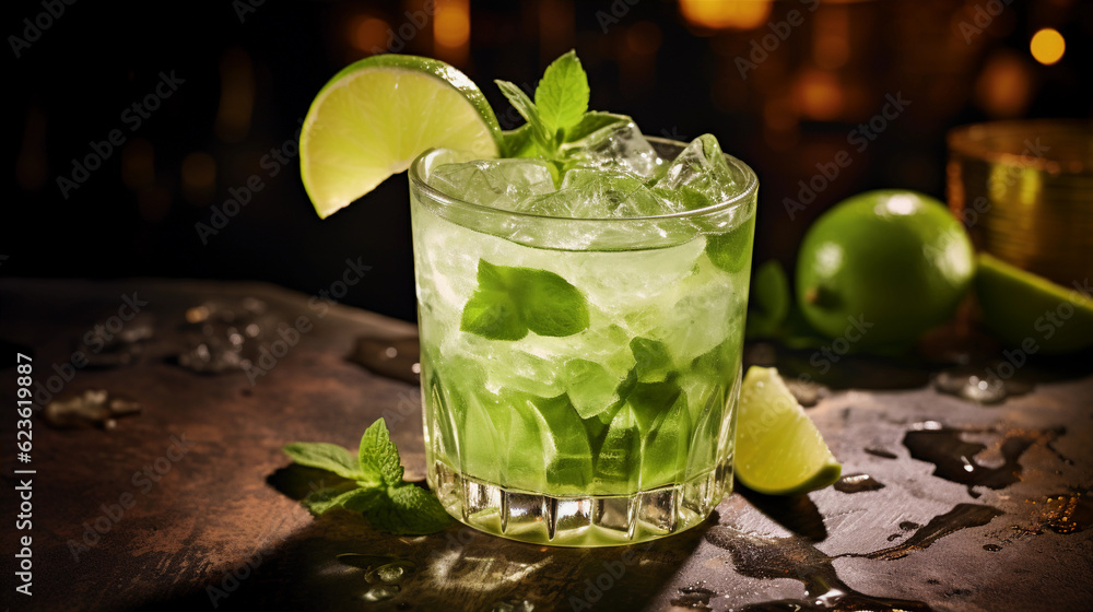 Wall mural Tasty Caipirinha with Cachaca Limes Sugar served on a table top ultra detailed studio lights on dark  background product photo for restaurant generative ai