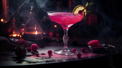 Tasty Cosmopolitan with Vodka Cranberry Juice Lime Juice Triple Sec served on a table top ultra detailed studio lights on dark  background product photo for restaurant generative ai