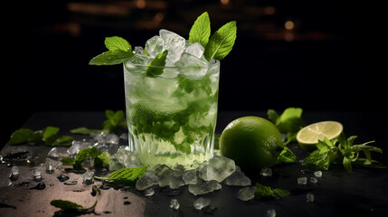 Tasty Caipiroska with Vodka Limes Sugar served on a table top ultra detailed studio lights on dark  background product photo for restaurant generative ai