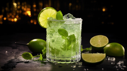 Tasty Caipiroska with Vodka Limes Sugar served on a table top ultra detailed studio lights on dark  background product photo for restaurant generative ai