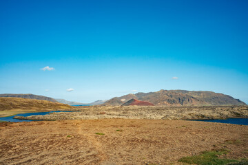 View of the volcanic landscape and craters of Berserkjahraun in West Iceland