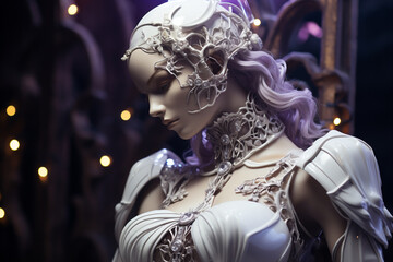 Obraz premium Beautiful woman as a sculpture wearing a crystal dress, modern streetwear, designer fashion, violet and ivory, led lights, exquisite clothing detail. Modern Art Concept. AI Generative