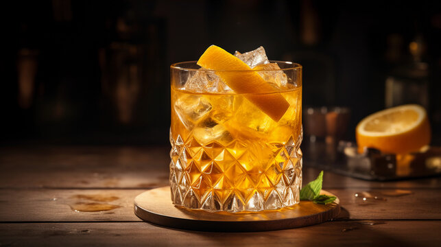 Tasty Amaretto Sour with Amaretto Lemon Juice Sugar Egg White served on a table top ultra detailed studio lights on dark  background product photo for restaurant generative ai