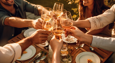 Fototapeta Happy friends having fun outdoor. Group of  friends having backyard dinner party together. Young people sitting at bar table toasting wine glasses in vineyards garden.  digital ai obraz