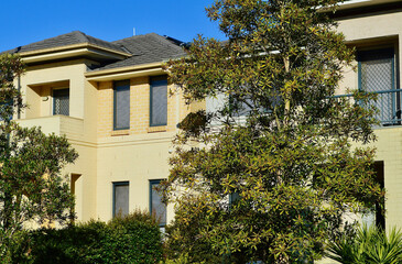 A row of houses in the suburbs on a sunny day