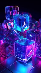 Neon blue and purple cubes. Generative AI. 