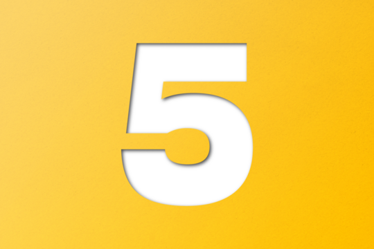 number cut paper 5 yellow isolated on transparent background