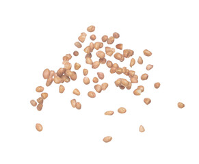 Peanut flying explosion, brown grain peanuts explode abstract cloud fly. Beautiful complete seed pea peanut splash in air, food object design. Selective focus freeze shot white background isolated
