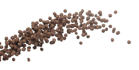 Clay Drainage big size ball pour fall down, explosion in air. Clay Drainage ball splash in shape form line explosion. White background isolated high speed shutter freeze motion