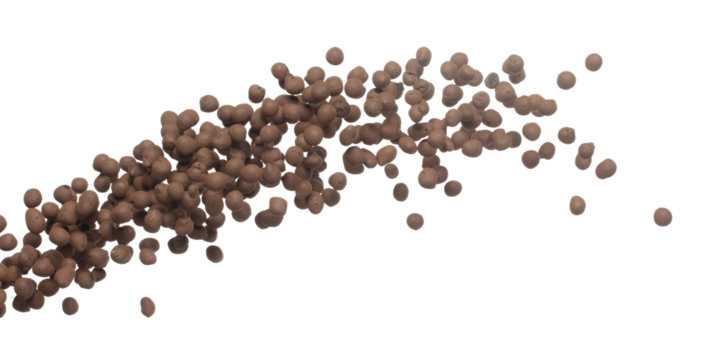 Clay Drainage big size ball pour fall down, explosion in air. Clay Drainage ball splash in shape form line explosion. White background isolated high speed shutter freeze motion