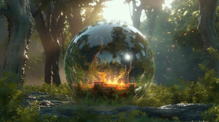 Obraz na płótnie Canvas a big crystal ball full of green trees with nature and life inside the crystal vola, in the middle of a post-apocalyptic burning world, 4k, qhd, hyper-realistic, full of details