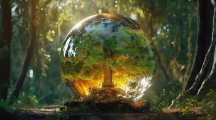 a big crystal ball full of green trees with nature and life inside the crystal vola, in the middle of a post-apocalyptic burning world, 4k, qhd, hyper-realistic, full of details