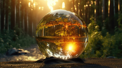 a big crystal ball full of green trees with nature and life inside the crystal vola, in the middle of a post-apocalyptic burning world, 4k, qhd, hyper-realistic, full of details
