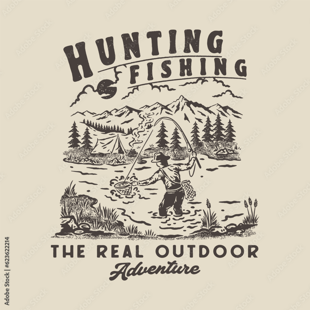 Poster fishing illustration river graphic lake design fish vintage camp emblem outdoor t shirt mountains hu