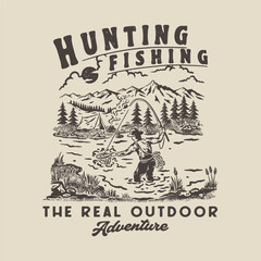 fishing illustration river graphic lake design fish vintage camp emblem outdoor t shirt mountains hunting forest © kaboet