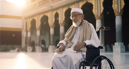 Muslim old man with dissability sitting in wheelchair and holding Quran with view of Kaaba