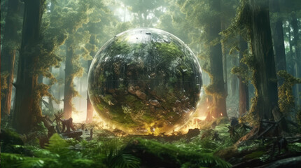 Naklejka na ściany i meble a big crystal ball full of green trees with nature and life inside the crystal vola, in the middle of a post-apocalyptic burning world, 4k, qhd, hyper-realistic, full of details