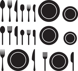 モノクロのカトラリー、ナイフ、フォーク、スプーン、お皿のベクターイラストセット
