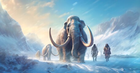 Woolly mammoths migrating with cave men