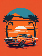 Classic car with a background of palm trees at sunset.