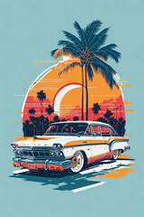 Image illustration of a classic car with a background of palm trees at sunset