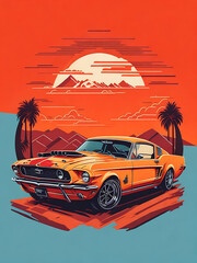 Classic car with a background of palm trees at sunset
