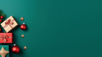 Christmas banner with gift boxes, ribbon, oak tree branches, and red ornaments on green background