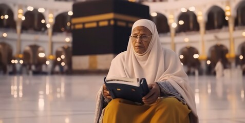 Muslim old woman with dissability sitting in wheelchair and holding Quran with view of Kaaba
